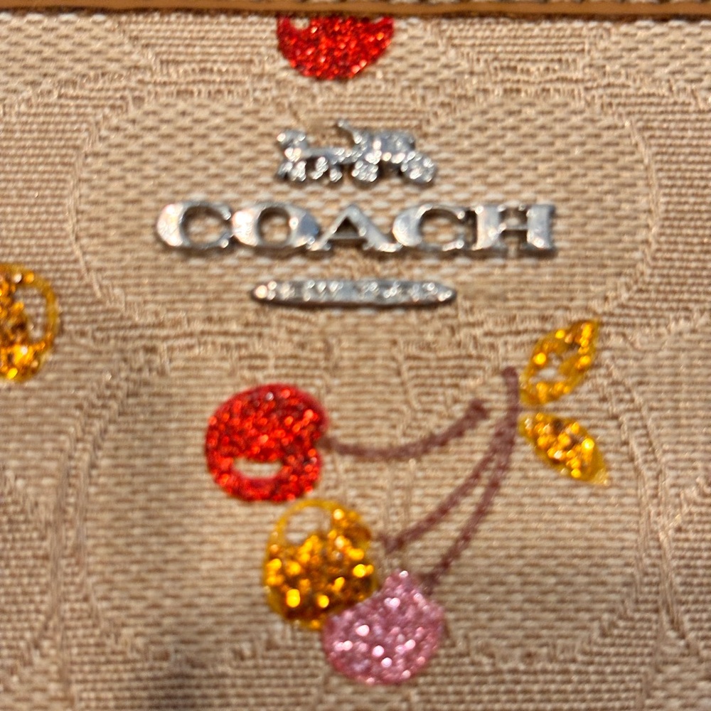 COACH Glitter Cherry Print Signature Jacquard Accordion Zip Wallet - Picture 3 of 16